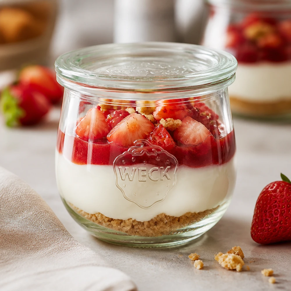 WECK vaso a tulipano 370ml RR80 con dessert alla fragola a strati e base di biscotto servito come dessert in vaso