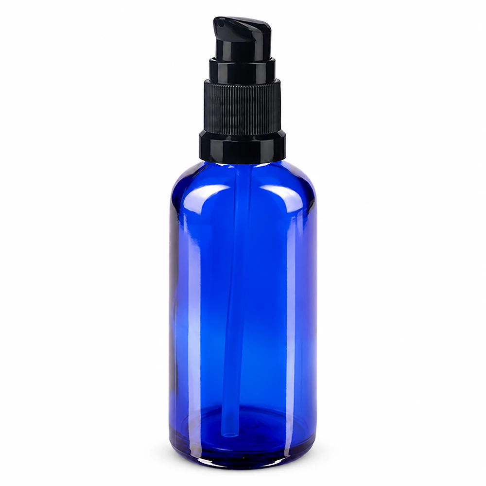 Flacone a pompa blu da 50 ml STD nero ApoGlas Flacone in vetro blu da 50 ml con dosatore nero per farmacie e cosmetici
