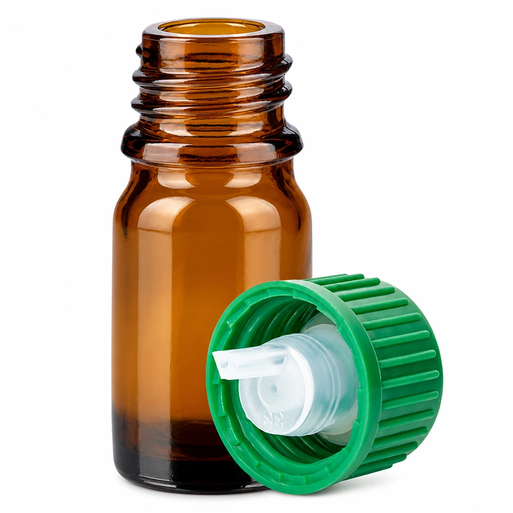 Flacone contagocce da 5 ml 0,8 mm verde STD BrownLine UT18/5 Flacone in vetro marrone da 5 ml con inserto contagocce da 0,8 mm e tappo a vite verde per aromaterapia