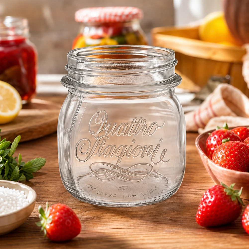 Barattolo Quattro Stagioni da 250 ml su un tavolo di legno con fragole fresche e utensili da cucina per la conservazione