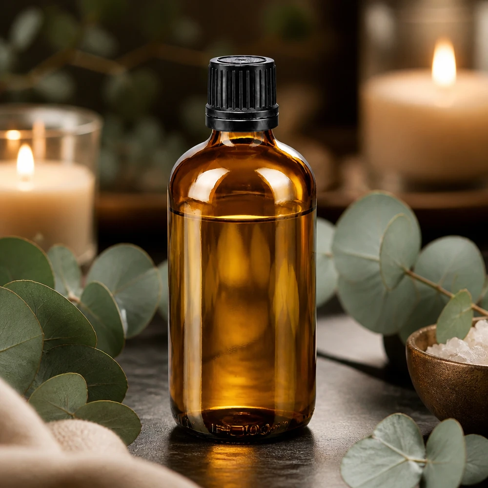 Flacone contagocce da 100 ml in vetro ambrato con tappo OV nero su sfondo “Spa” con motivo eucalipto