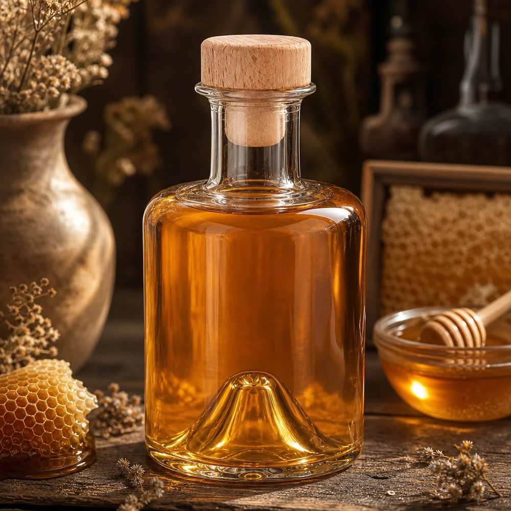 Bottiglia in vetro di Sofia da 200 ml con tappo in legno riempita di miele in una cucina rustica accanto a favi e vasetti di miele