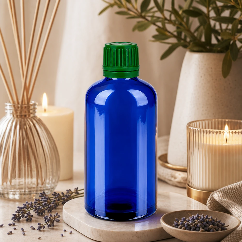 Bottiglia da 100ml 11mm SV verde OV BlueLine UT18/100 Pratico flacone da 100 ml, ideale per porzioni da viaggio di oli e preparati liquidi