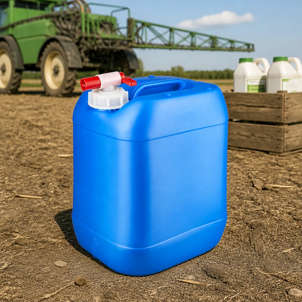 Tanica 20 litri blu con rubinetto di scarico Tanica blu da 20 litri con rubinetto di scarico su un terreno coltivato, davanti a un veicolo irroratore agricolo