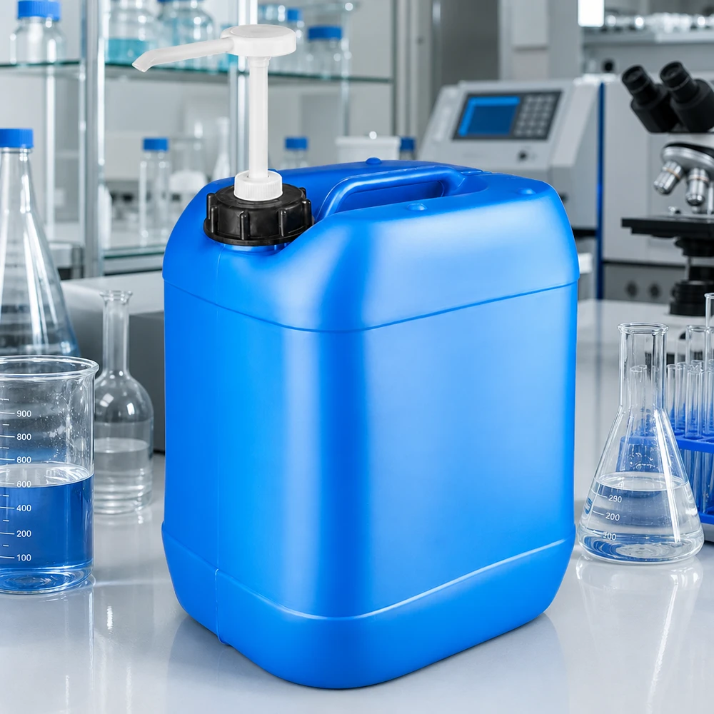 Tanica 20 litri blu con pompa dosatrice Tanica rettangolare in plastica da 20 litri, di colore blu, con pompa dosatrice integrata per un prelievo preciso del liquido