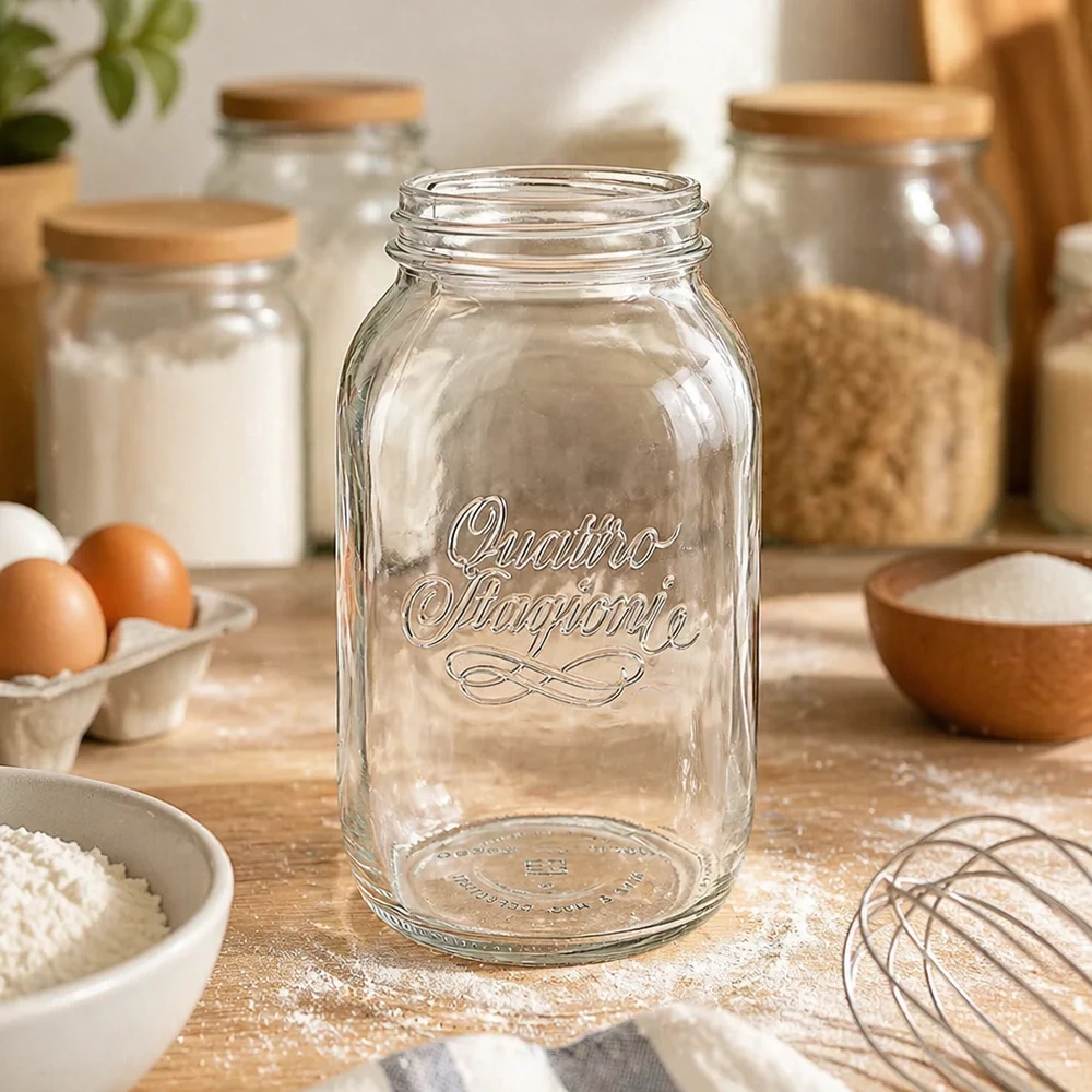 Bicchiere da 1500ml per uso domestico "Quattro Stagioni Barattolo Quattro Stagioni da 1500 ml con tappo a vite su tavolo in legno con ingredienti da forno e utensili da cucina