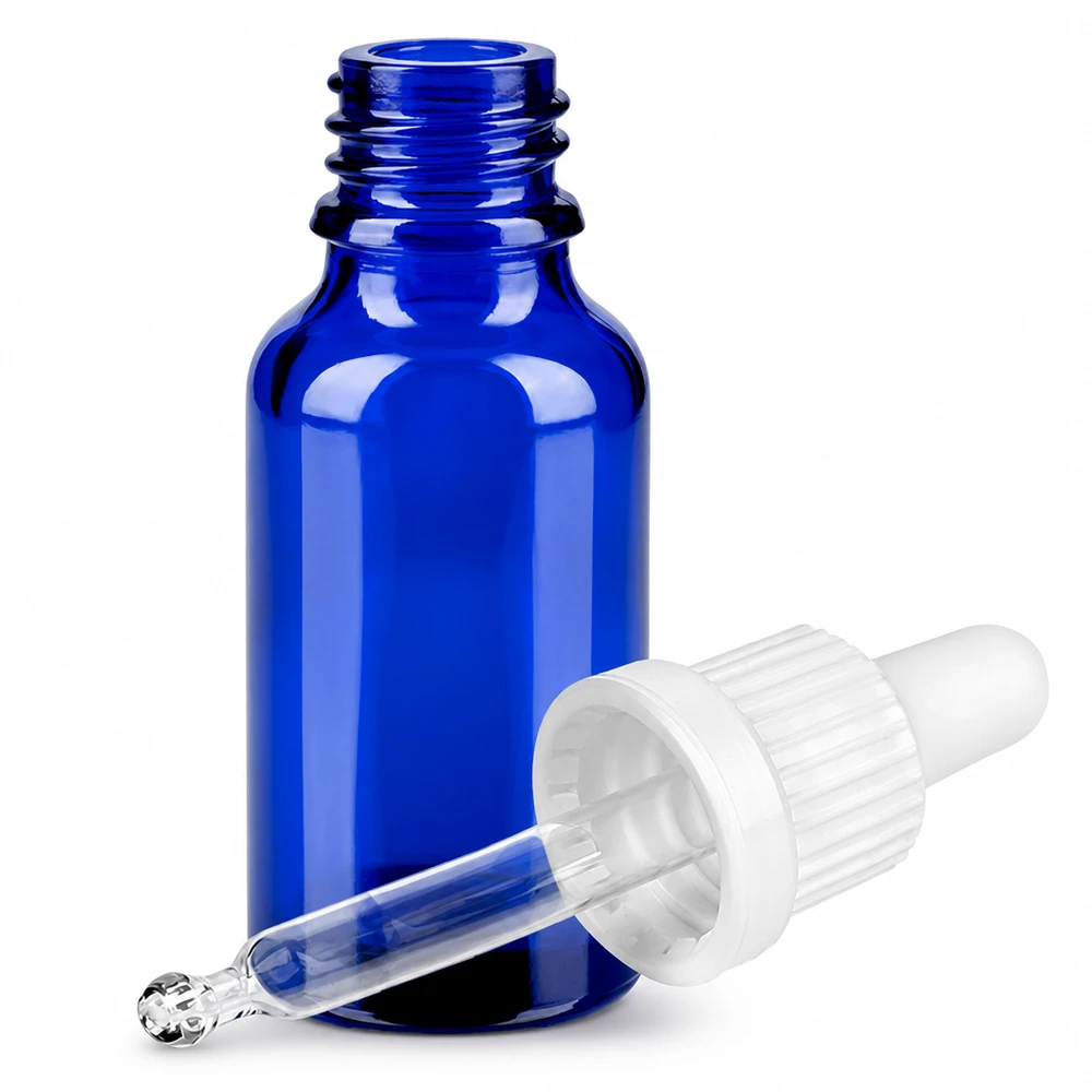 Flacone per pipette da 20 ml bianco OV BlueLine UT18/20 Flacone a pipetta da 20 ml di alta qualità in vetro borosilicato blu con contagocce