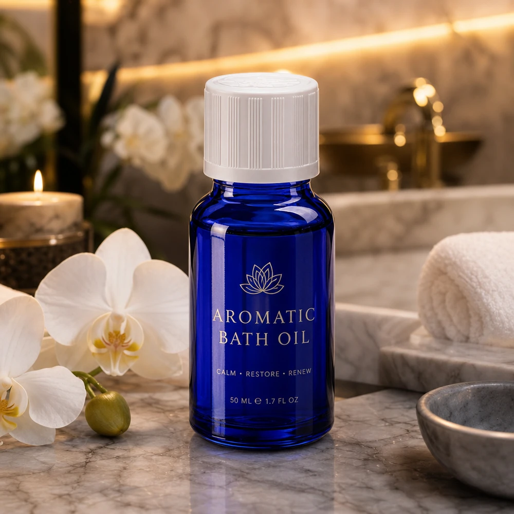 Contagocce blu da 10ml. STD KiSi bianco/1,2mm ApoGlas Flacone da 50 ml di olio aromatico blu con tappo di sicurezza per bambini bianco, su una superficie di marmo accanto a un'orchidea