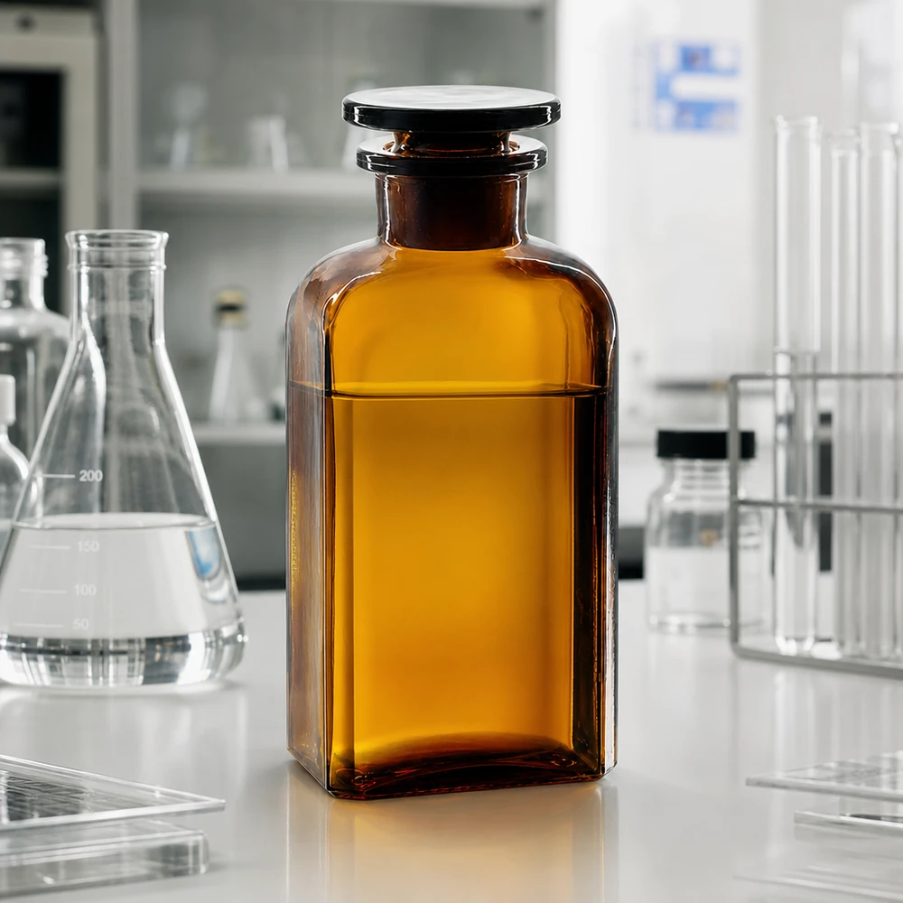 Fiaschetta da laboratorio in vetro ambrato da 250 ml, di forma quadrata, con tappo a smeriglio, per la conservazione al riparo dalla luce
