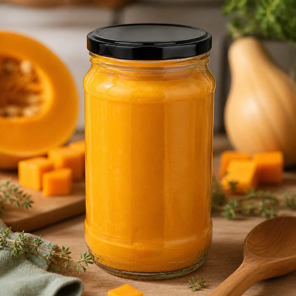 Barattolo da conservazione UNiTWIST da 370 ml con coperchio BasicSeal nero, ideale per la zuppa di zucca fatta in casa e gli alimenti per neonati
