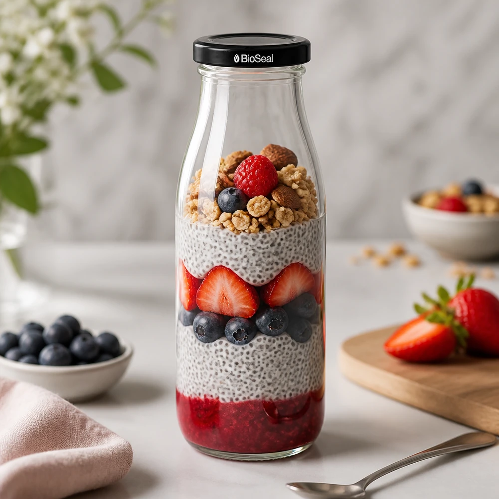 Bottiglia di vetro da 500 ml + coperchio BioSeal nero UN.. Bottiglia di vetro da 500 ml riempita con budino di chia a strati - frutti di bosco e noci e coperchio BioSeal per pasti salutari