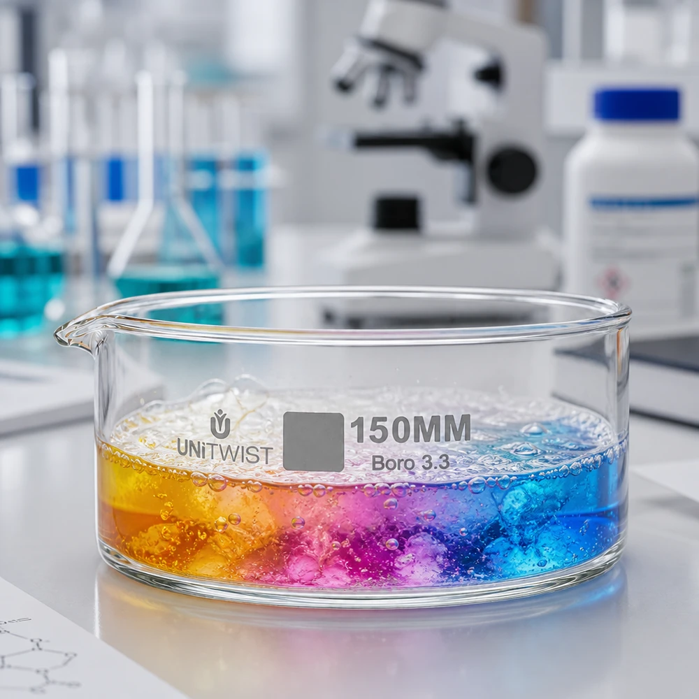 Piatto per cristallizzare ø150mm in vetro borosilicato UNiTWIST Vaschetta di cristallizzazione da 150 mm UNiTWIST Boro 3.3 con reazione cromatica multicolore (giallo, rosa, blu) in laboratorio
