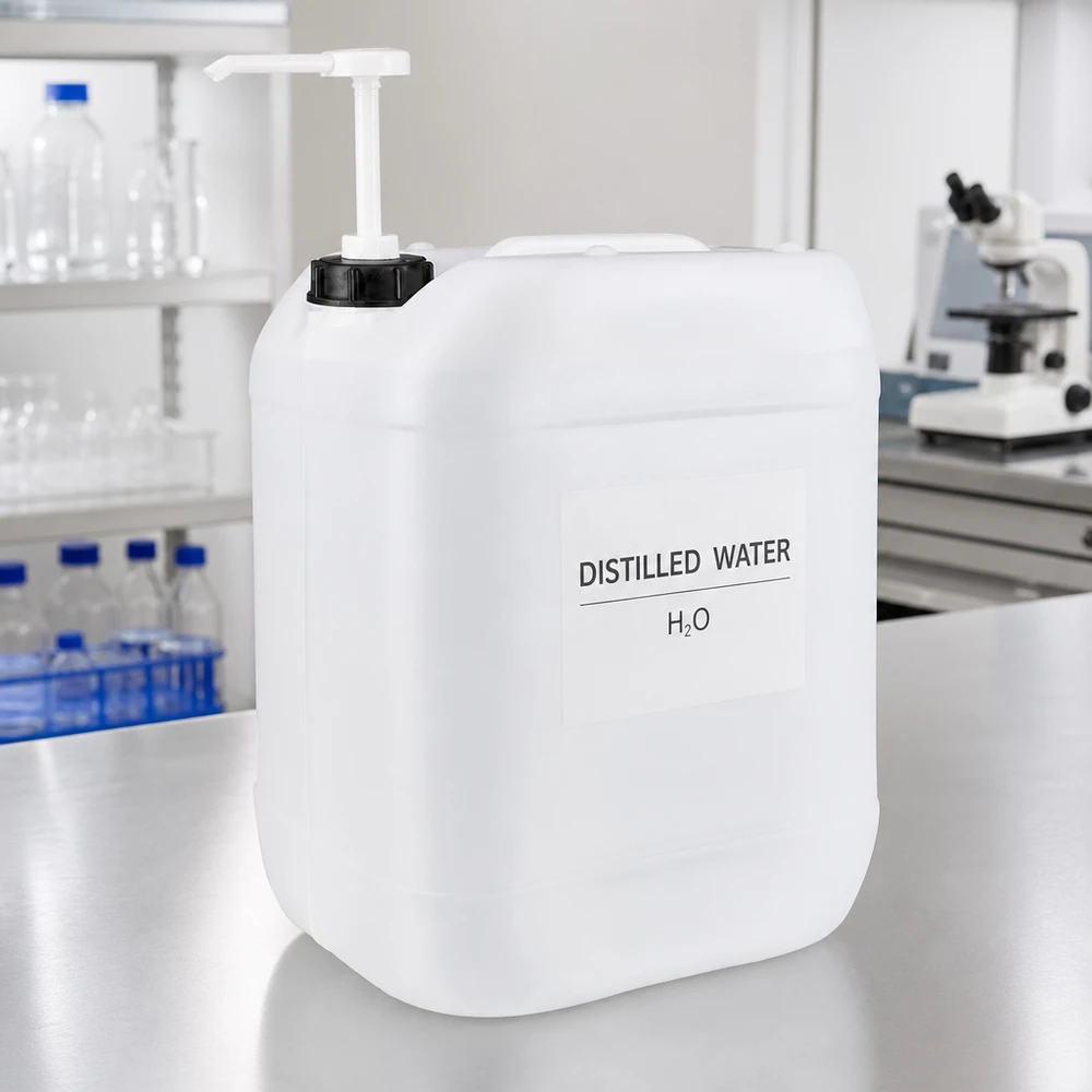 Tanica da laboratorio da 20 litri con pompa, riempita con acqua distillata H₂O, su un tavolo in acciaio inossidabile