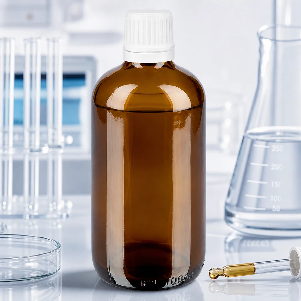 Bottiglia da farmacia marrone da 100 ml. SV OV bianco/11mm ApoGlas Flacone in vetro ambrato da 100 ml con tappo OV bianco da 11 mm, utilizzato in ambito di laboratorio con matracci di Erlenmeyer