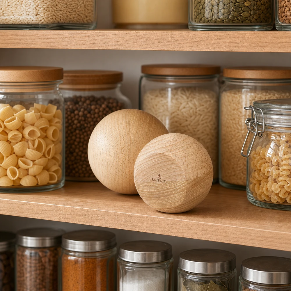 Sfere di legno UNiTWIST in faggio in un'elegante dispensa con barattoli WECK - una dispensa sostenibile per la cucina