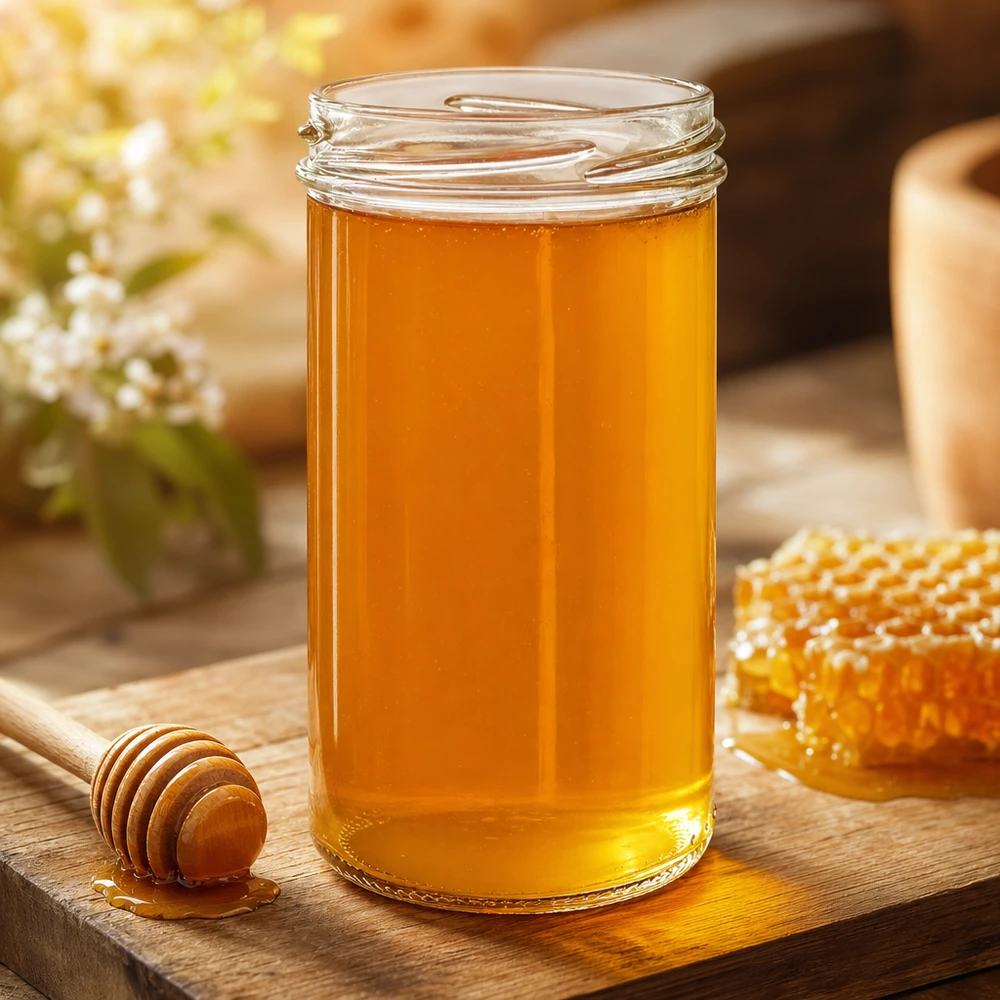 UNiTWIST Sturz277 - tumbler capacità 277ml TO66 UNiTWIST Sturzglas 277ml mit goldenem Honig gefüllt auf Holzbrett mit Honiglöffel und Waben - perfekt für Marmelade und
