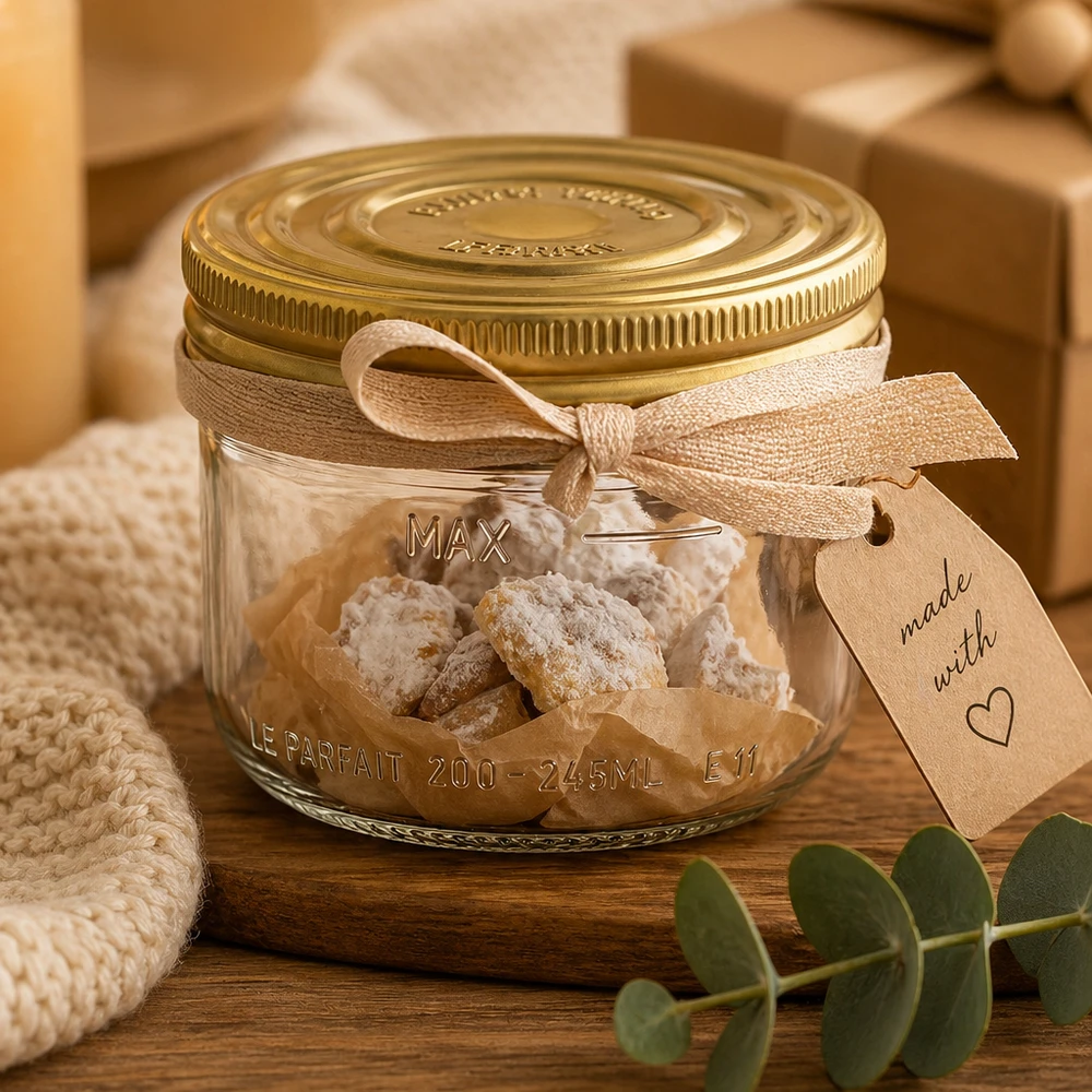 Bicchieri Familia Wiss da 245 ml con coperchio dorato riempiti di dolci bianchi e nastro regalo su un tavolo di legno