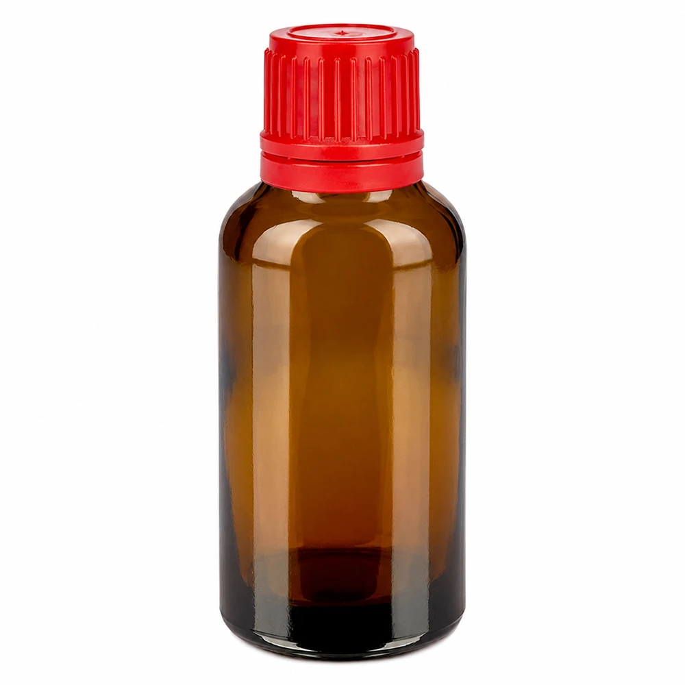 Bottiglia da 30ml 11mm SV rosso OV BrownLine UT18/30 Flacone compatto da 30 ml in vetro ambrato con tappo di sicurezza rosso, ideale per i viaggi.