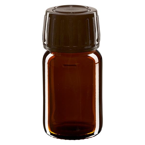 Flacone per medicinali da 30 ml marrone, tappo marrone con chiusura antimanomissione Flacone per medicinali da 30 ml marrone, tappo marrone con chiusura antimanomissione