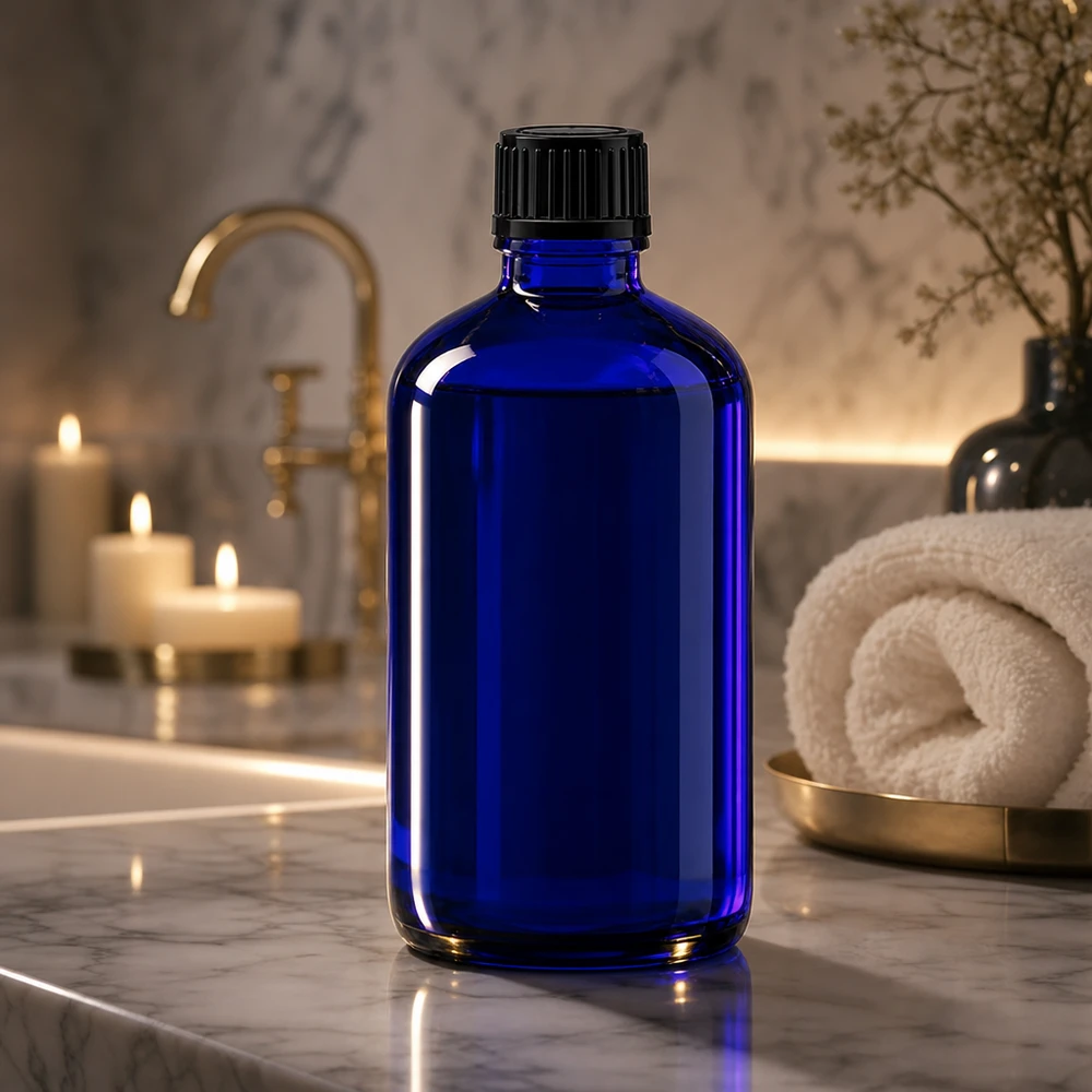 Bottiglia da farmacia blu da 100 ml. SV STD nero/11mm ApoGlas Bottiglia di vetro blu da 100 ml con tappo a vite nero su marmo bianco in bagno