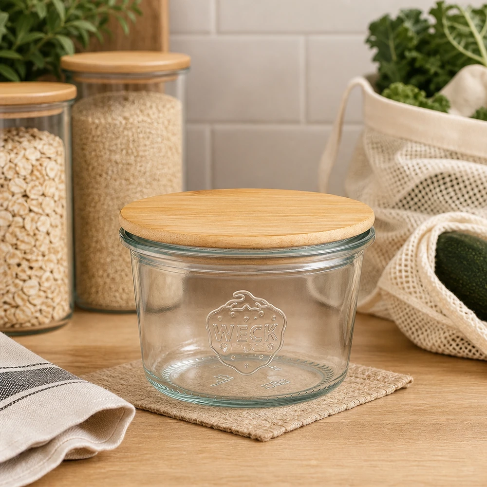 Barattolo da 80 ml WECK RR60 con coperchio in legno WECK tumbler 80ml RR60 coperchio in legno organizzazione sostenibile della cucina stoccaggio ecologico stoccaggio zero rifiuti
