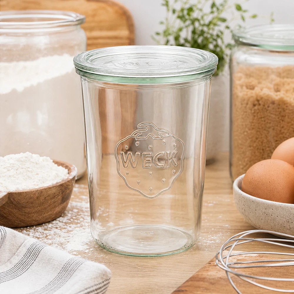 WECK barattolo per conserve 850ml RR100 in ambiente cucina con uova farina e utensili da cucina barattolo tumbler con coperchio in vetro