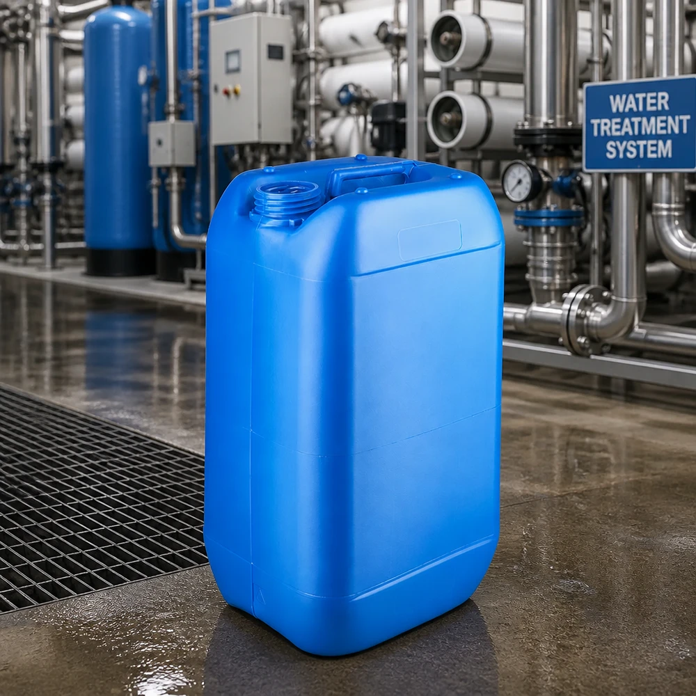 Tanica 15 litri blu senza tappo Tanica blu da 15 litri senza tappo davanti a un impianto industriale di trattamento delle acque