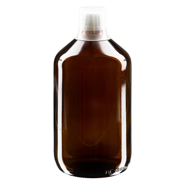 Flacone per medicinali da 1000 ml marrone, chiusura OV con coppetta dosatrice
