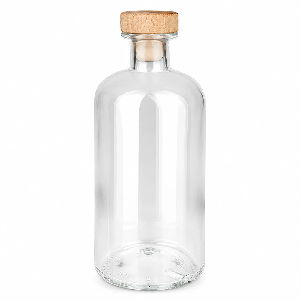 Bottiglia in vetro da 500 ml Flora con manico in legno e tappo in sughero UNiTWIST trasparente vuota su sfondo bianco