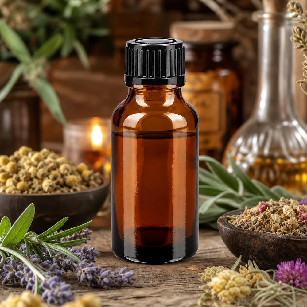 Bottiglia da farmacia marrone da 20 ml. SV STD nero/11mm ApoGlas Flacone da farmacia marrone da 20 ml con tappo nero, circondato da erbe essiccate e oli essenziali