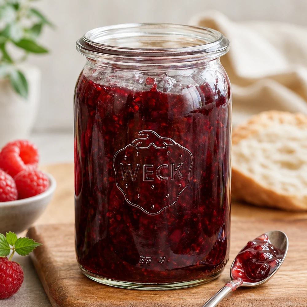 Barattolo cilindrico da 145 ml WECK RR40 Vaso da conserva WECK RR40 da 145 ml riempito di marmellata rossa e cucchiaio su tavola di legno accanto a fragole e pane