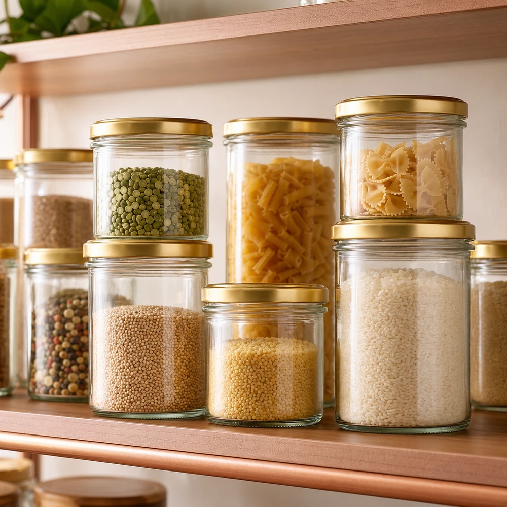 Bicchieri da 125 ml con coperchio BasicSeal oro UNiTWIST 125ml Sturzgläser mit BasicSeal Deckel gold zur stilvollen Aufbewahrung von Pasta, Reis und Hülsenfrüchten im Vorratssch