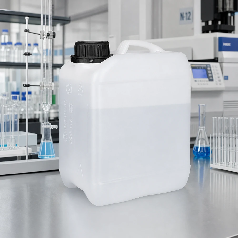 Piccola tanica in plastica da 2,5 L, traslucida, con omologazione UN e robusto tappo a vite