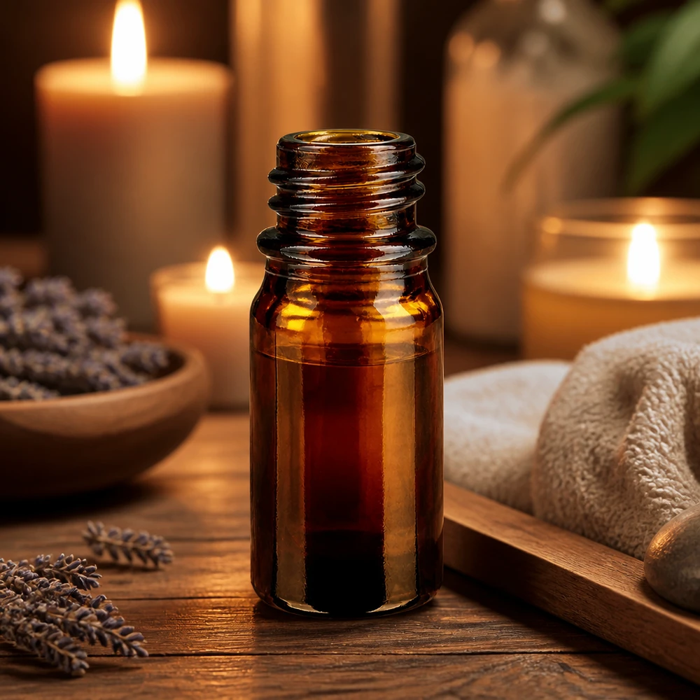 Flacone da 5 ml ApoGlas marrone a lume di candela con asciugamano e decorazione spa su tavolo in legno