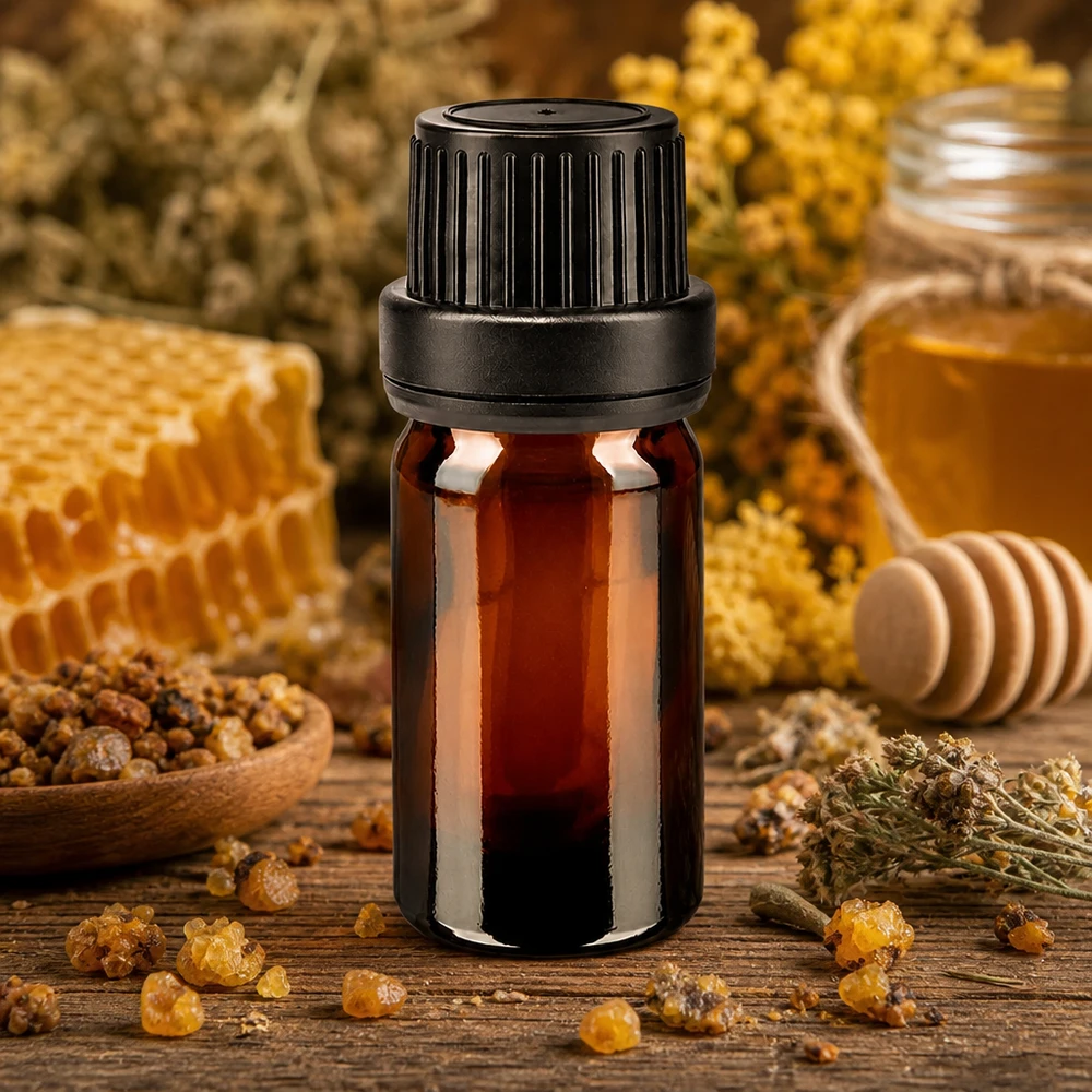Flacone da farmacia da 5 ml, marrone, con tappo a vite nero da 11 mm, decorato con motivi a nido d'ape ed erbe aromatiche