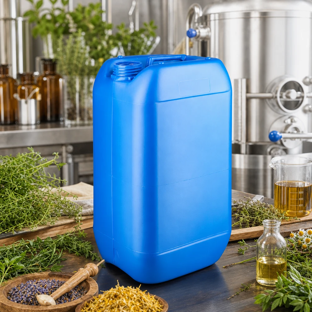 Tanica 15 litri blu senza tappo Tanica blu da 15 litri senza tappo, circondata da erbe e oli essenziali in uno stabilimento industriale
