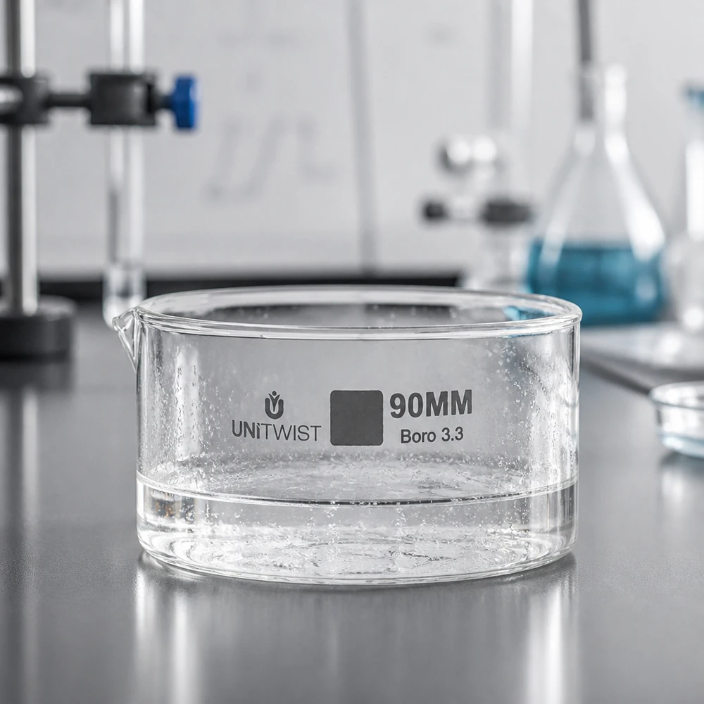 Piatto per cristallizzazione ø90 mm in vetro borosilicato UNiTWIST Ciotola di cristallizzazione rotonda, ø 90 mm, con beccuccio, in vetro borosilicato Boro 3.3, UNiTWIST Labor
