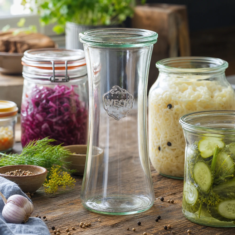 Barattolo da 700 ml con coperchio in vetro WECK RR80 WECK Delikatessenglas 700ml RR80 umgeben von selbstgemachten Fermentationsprodukten wie Sauerkraut und eingelegten Gurke