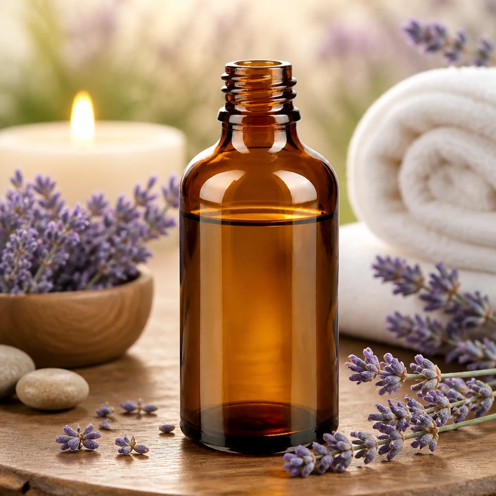 Flacone farmaceutico marrone da 50 ml ApoGlas Flacone da farmacia ApoGlas marrone da 50 ml con setup per aromaterapia alla lavanda e asciugamani bianchi su tavolo di legno