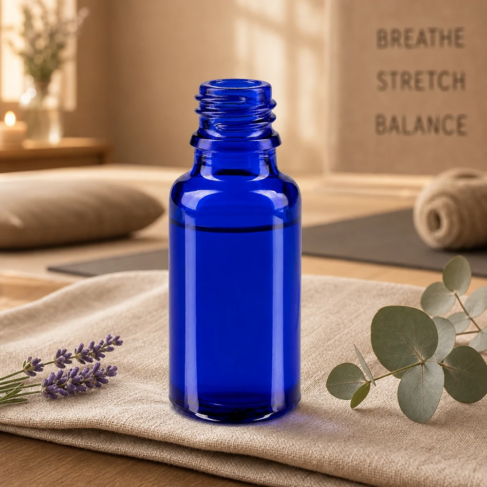 Flacone ApoGlas premium da 20 ml in blu ricco con bordo di versamento preciso per un dosaggio esatto