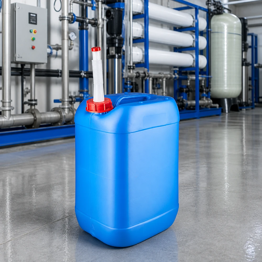 Tanica 25 litri blu con tubo di uscita Flex Impianto di trattamento dell'acqua con tanica blu da 25 litri e tubo di scarico flessibile per prodotti chimici