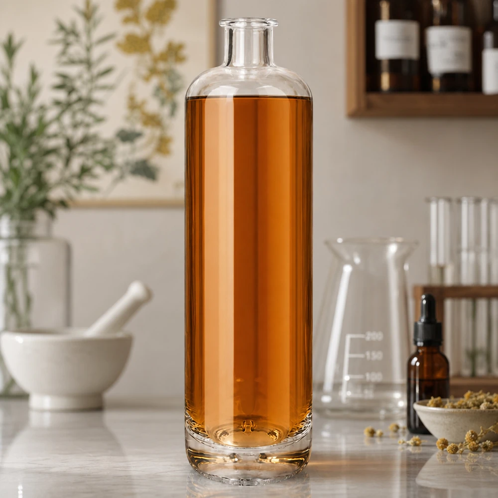 Bottiglia in vetro da 700 ml Ella senza tappo UNiTWIST® Bottiglia in vetro Ella da 700 ml riempita di liquido ambrato tra vetreria da laboratorio ed erbe essiccate