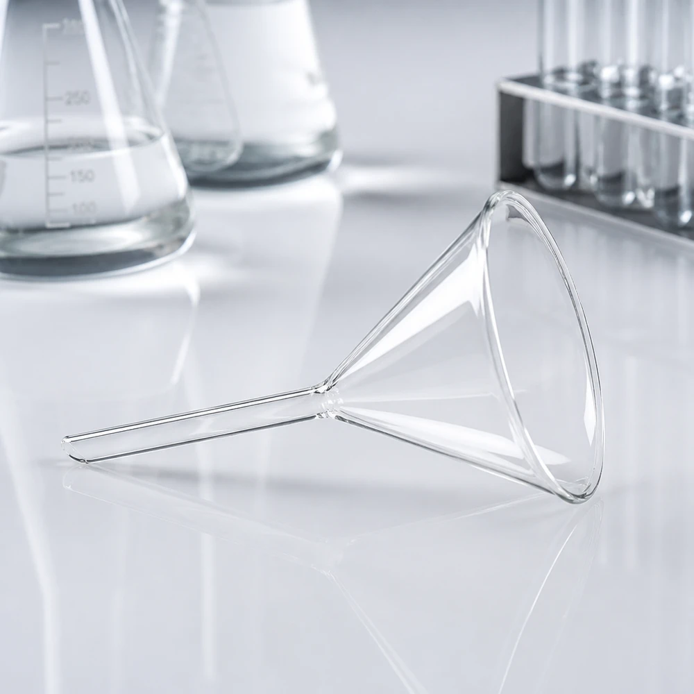 Imbuto Ø 100mm in borosilicato angolo 60 corto Robusto imbuto in borosilicato con angolo di 60 gradi e apertura di 100 mm per applicazioni di laboratorio resistenti al calore
