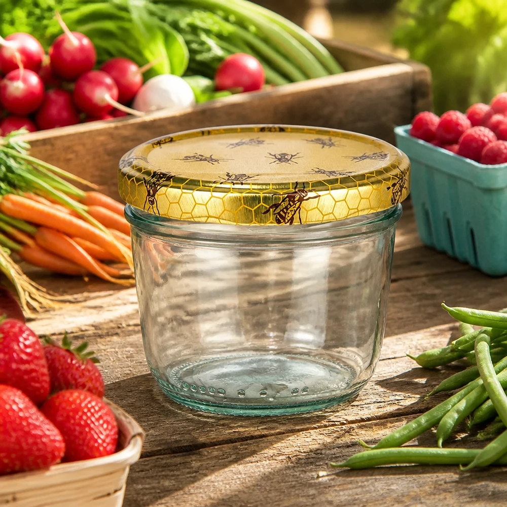 Barattolo di vetro da 230 ml + coperchio BasicSeal a nido d'ape UN. Bicchieri da 230 ml con coperchi a nido d'ape circondati da frutta e verdura fresca su un tavolo di legno rustico