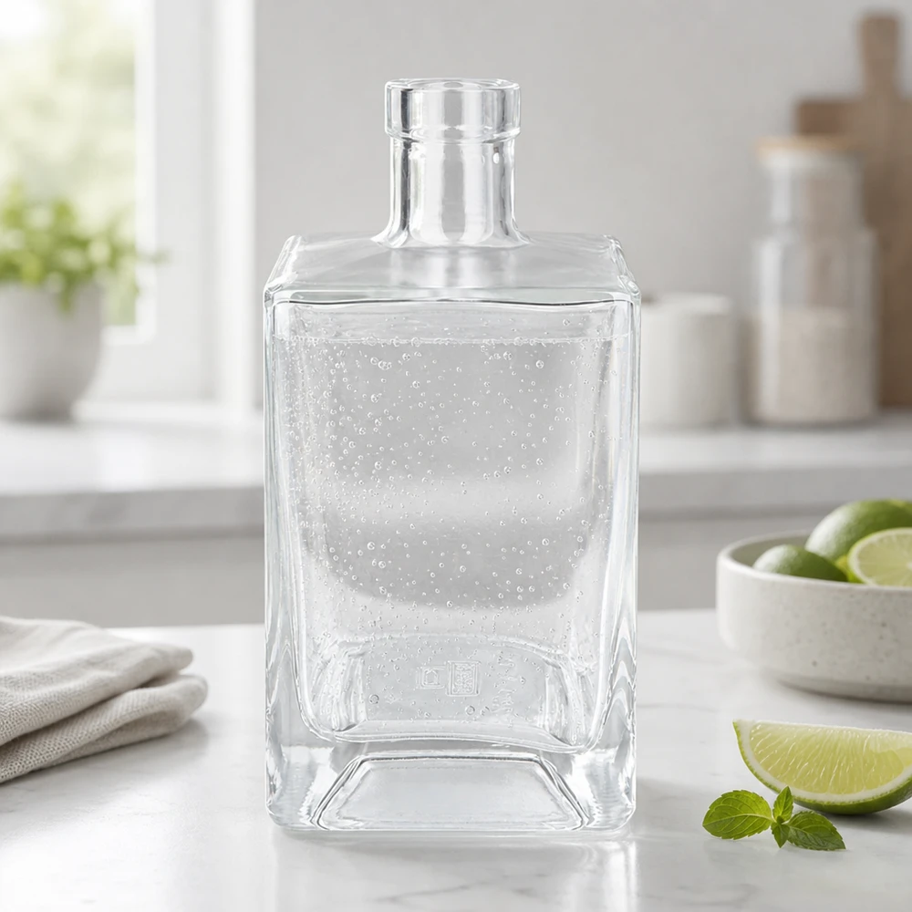Flacone in vetro da 700 ml Ben senza tappo UNiTWIST® Bottiglia di vetro da 700 ml di Ben riempita di acqua minerale che si rinfresca nelle cucine moderne insieme a lime e menta