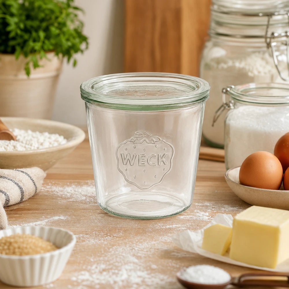 Barattolo di vetro da 580 ml con coperchio in vetro WECK RR100 Bicchieri WECK da 580 ml RR100 vuoti sul piano di lavoro in legno tra gli ingredienti di cottura come farina, uova e burro in cucina