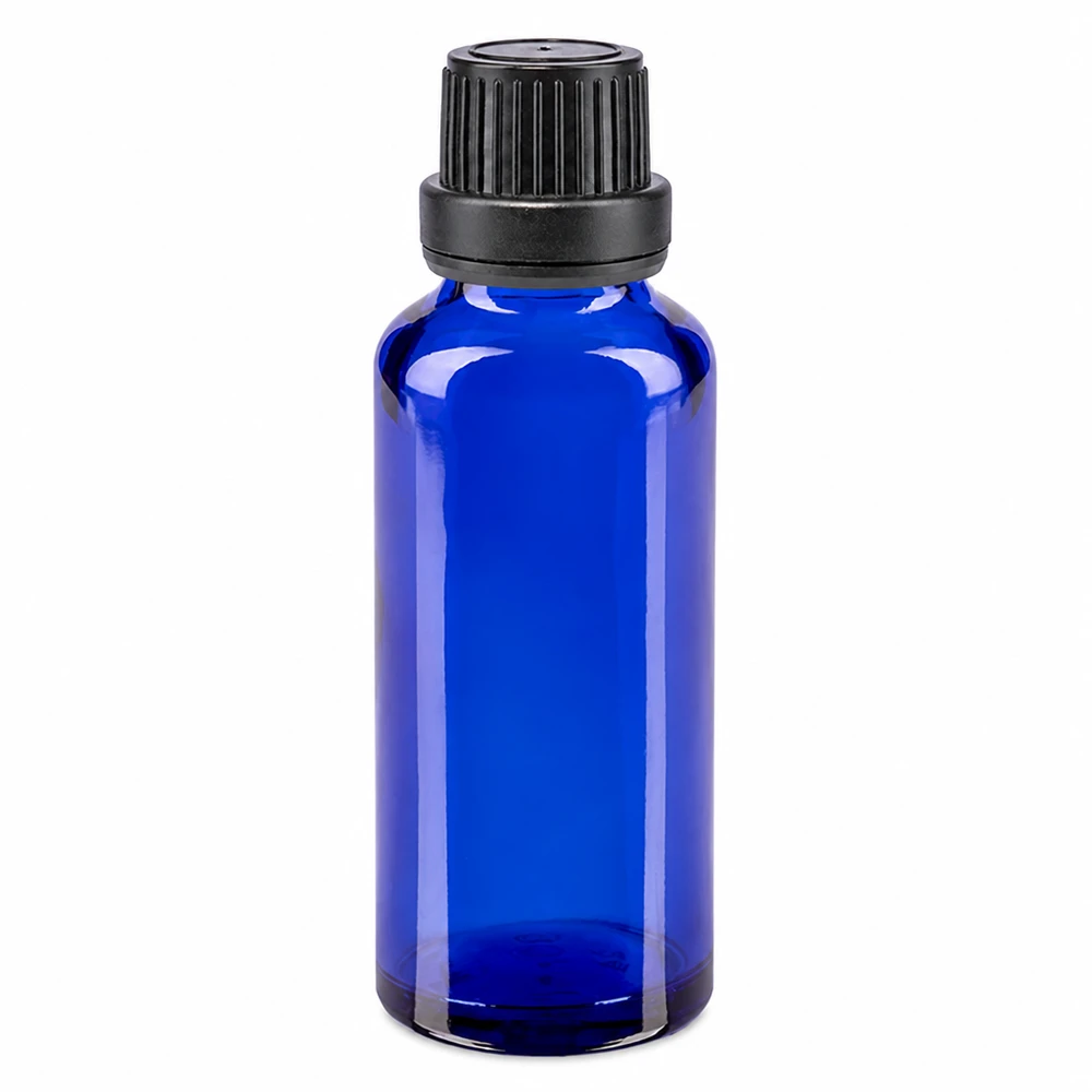 Bottiglia da farmacia blu da 30ml. SV OV nero/11mm ApoGlas Flacone da farmacia in vetro blu da 30 ml con tappo a vite nero da 11 mm per oli essenziali