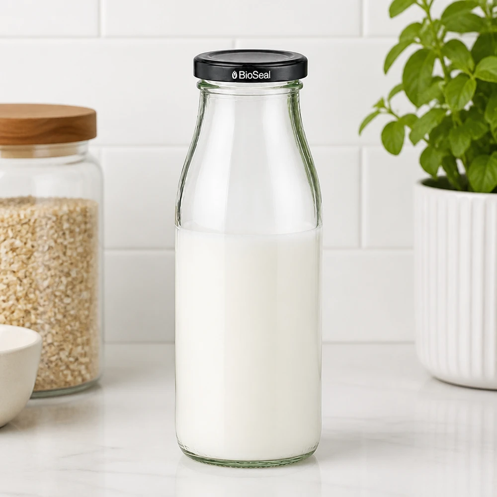 Bottiglia di vetro da 500 ml + coperchio BioSeal nero UN.. Bottiglia di vetro da 500 ml riempita di latte e coperchio nero BioSeal sul piano di lavoro della cucina, accanto ai barattoli di stoccaggio.