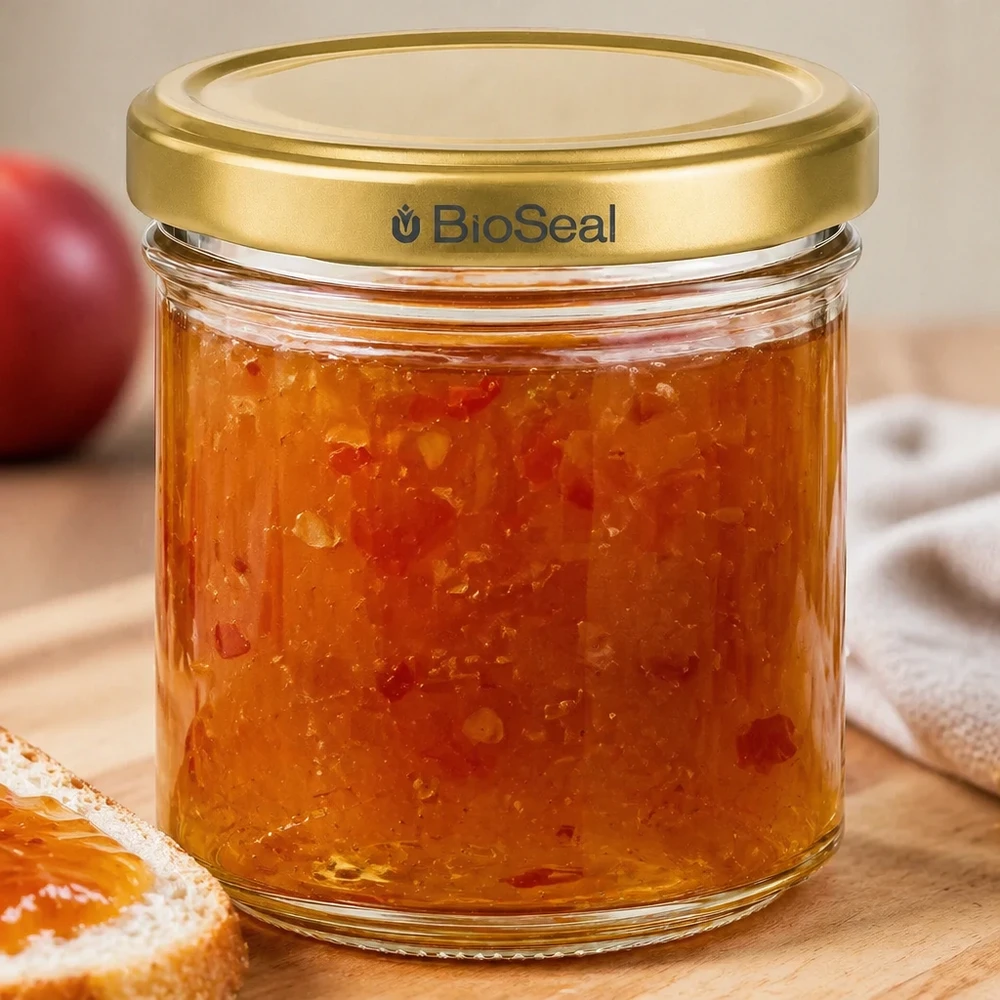 Vasetto per miele da 200 g con capsula dorata BioSeal UNiTWIST Barattolo BioSeal da 200 g riempito di marmellata di albicocche con coperchio dorato su tavolo di legno con toast e frutta sullo sfondo