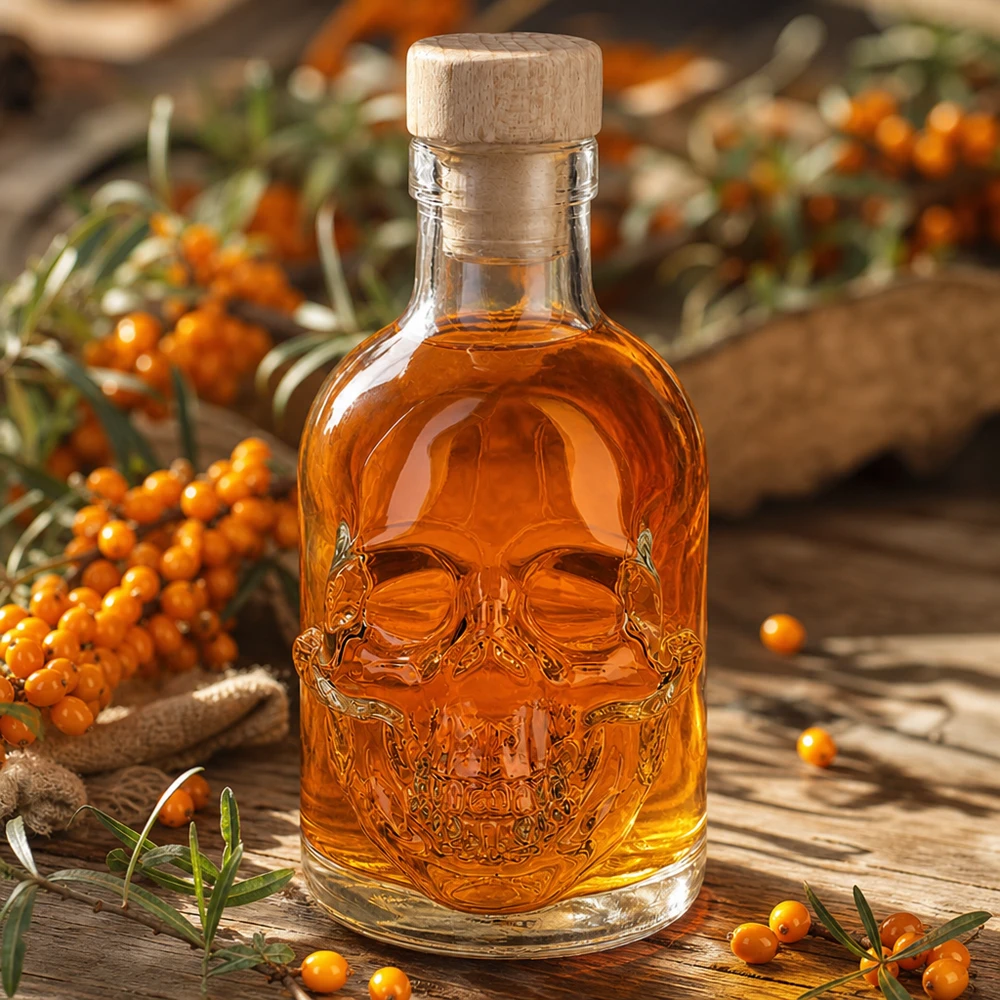 Bottiglia in vetro Jack da 200 ml di colore ambrato con teschio in rilievo tra bacche di olivello spinoso su un tavolo di legno rustico